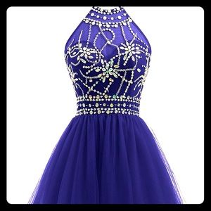 Beaded Halter Dress w/ Faux Fur Wrap